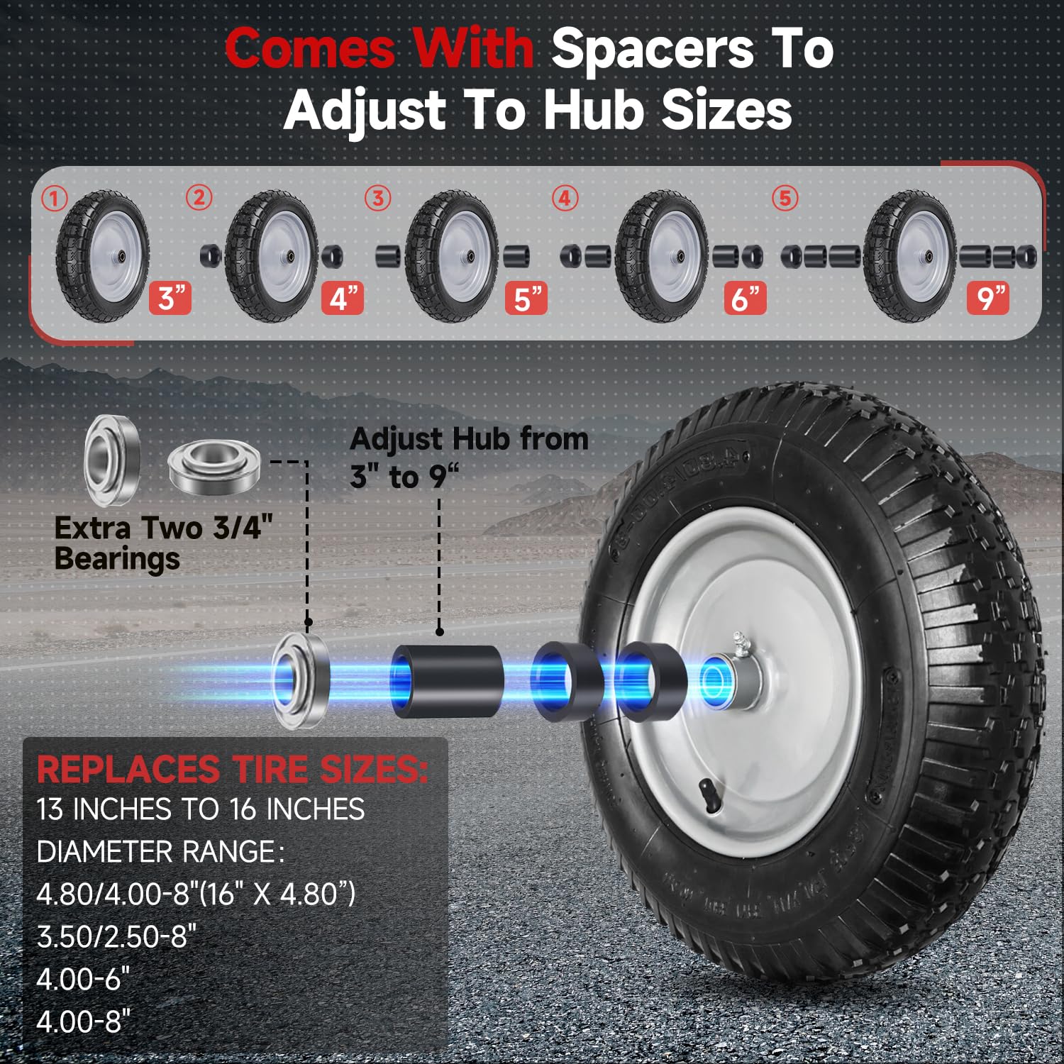 FEILOONG tire showing 5/8 inch axle bore