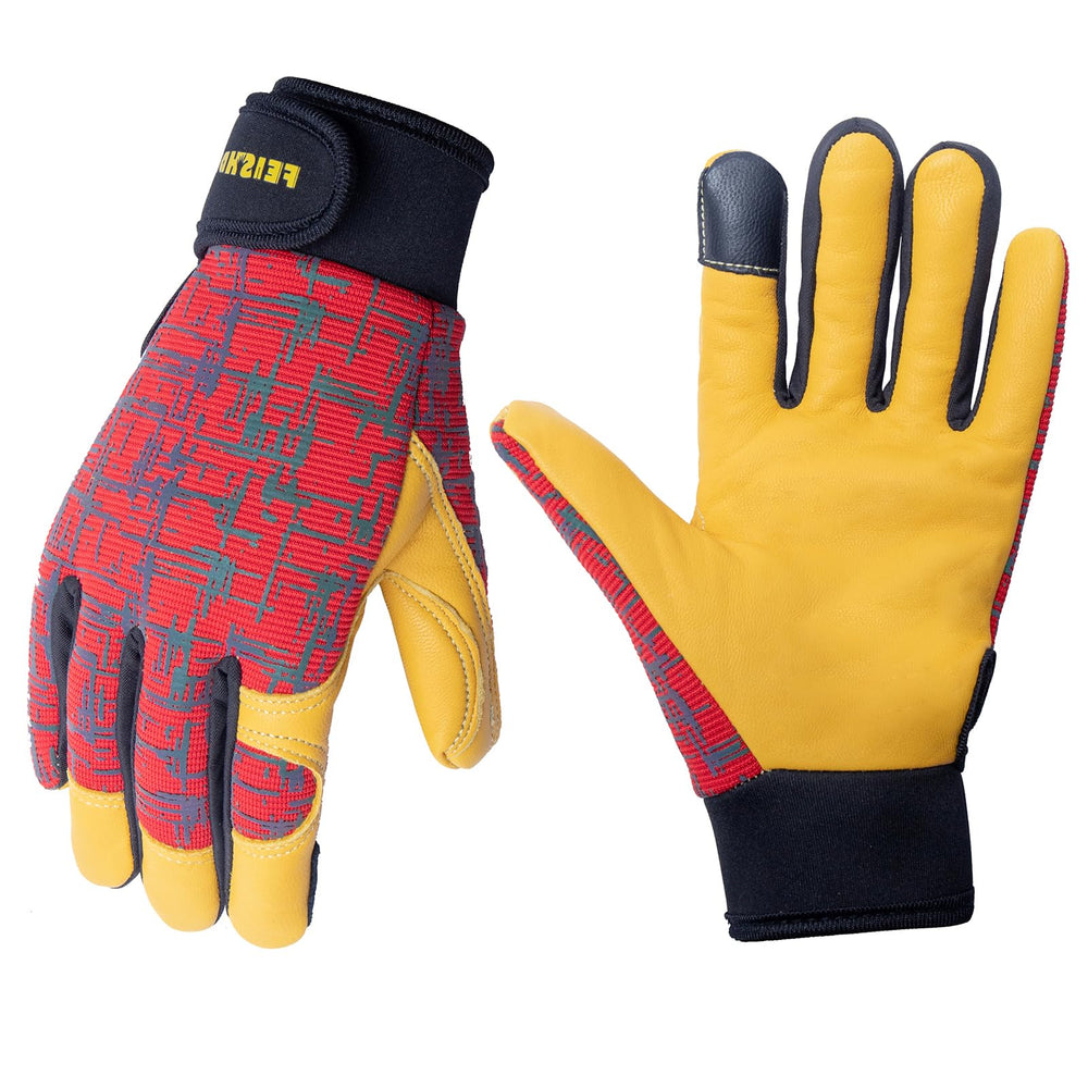 FEISHDEK Kids Leather Work Gloves front view in red