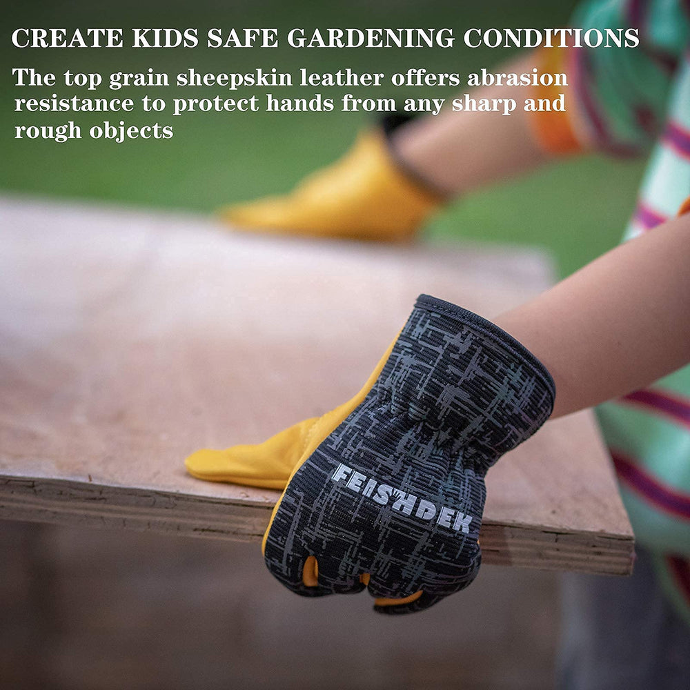 FEISHDEK Kids Work Gloves displayed with gardening tools