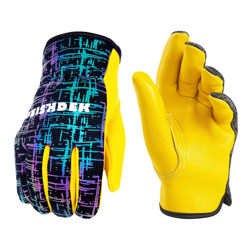 FEISHDEK Kids Work Gloves front view, black leather palm