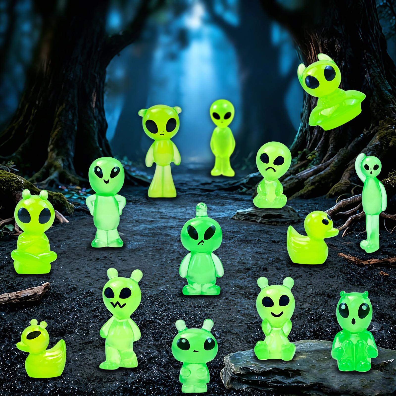 Feivando alien figures arranged on a shelf