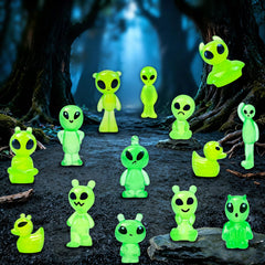 Feivando alien figures arranged on a shelf