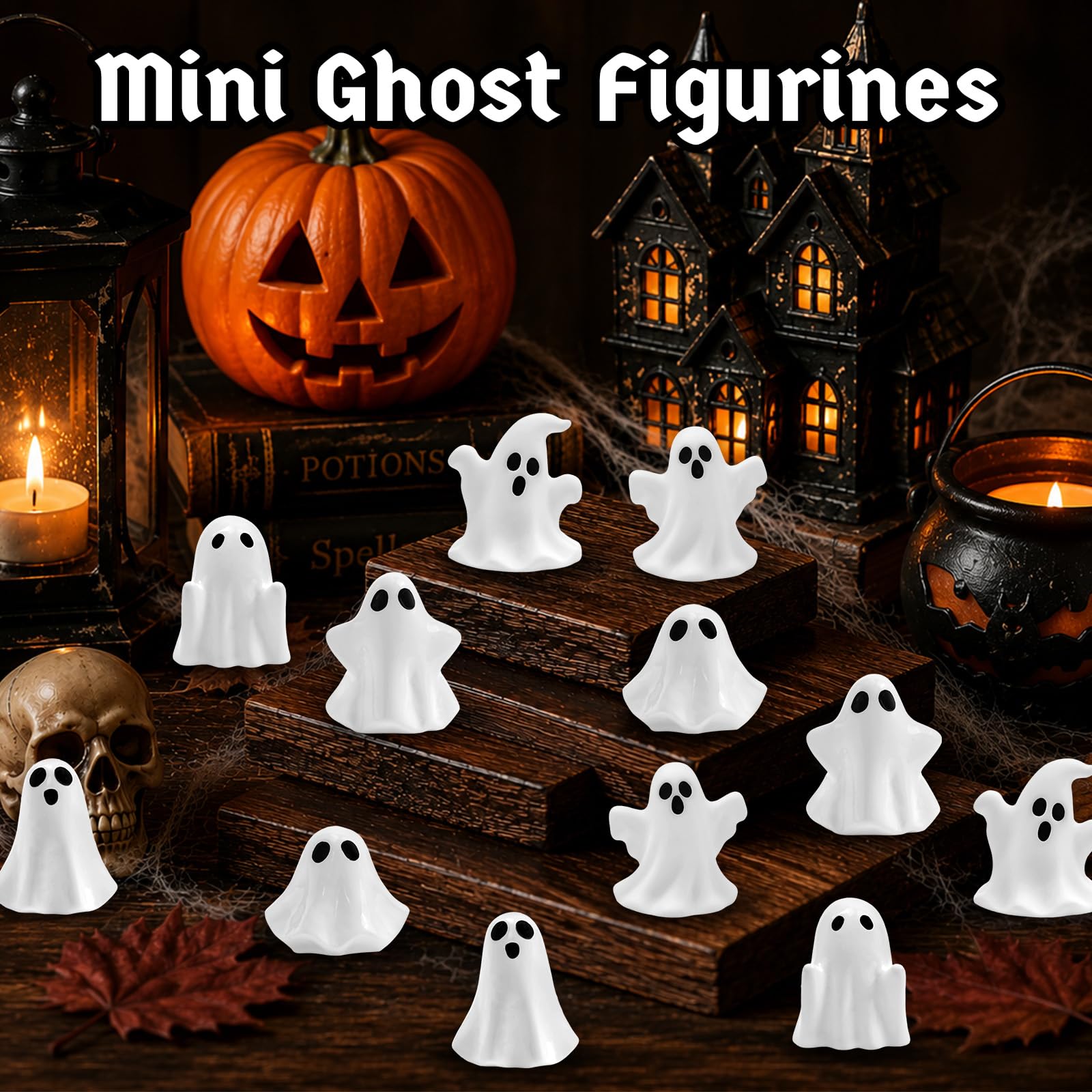Feivando mini ghost figurines on a shelf for Halloween decoration