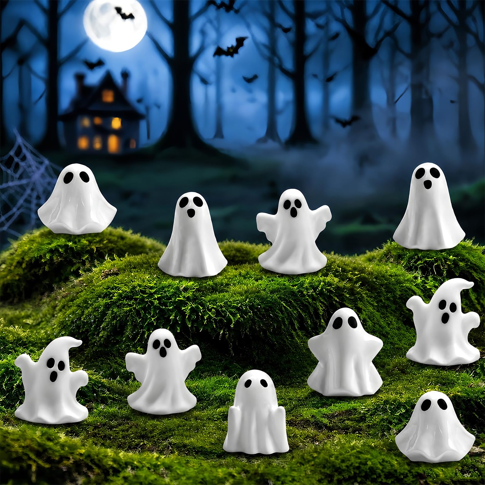 Feivando mini ghost figurines placed in a garden pot