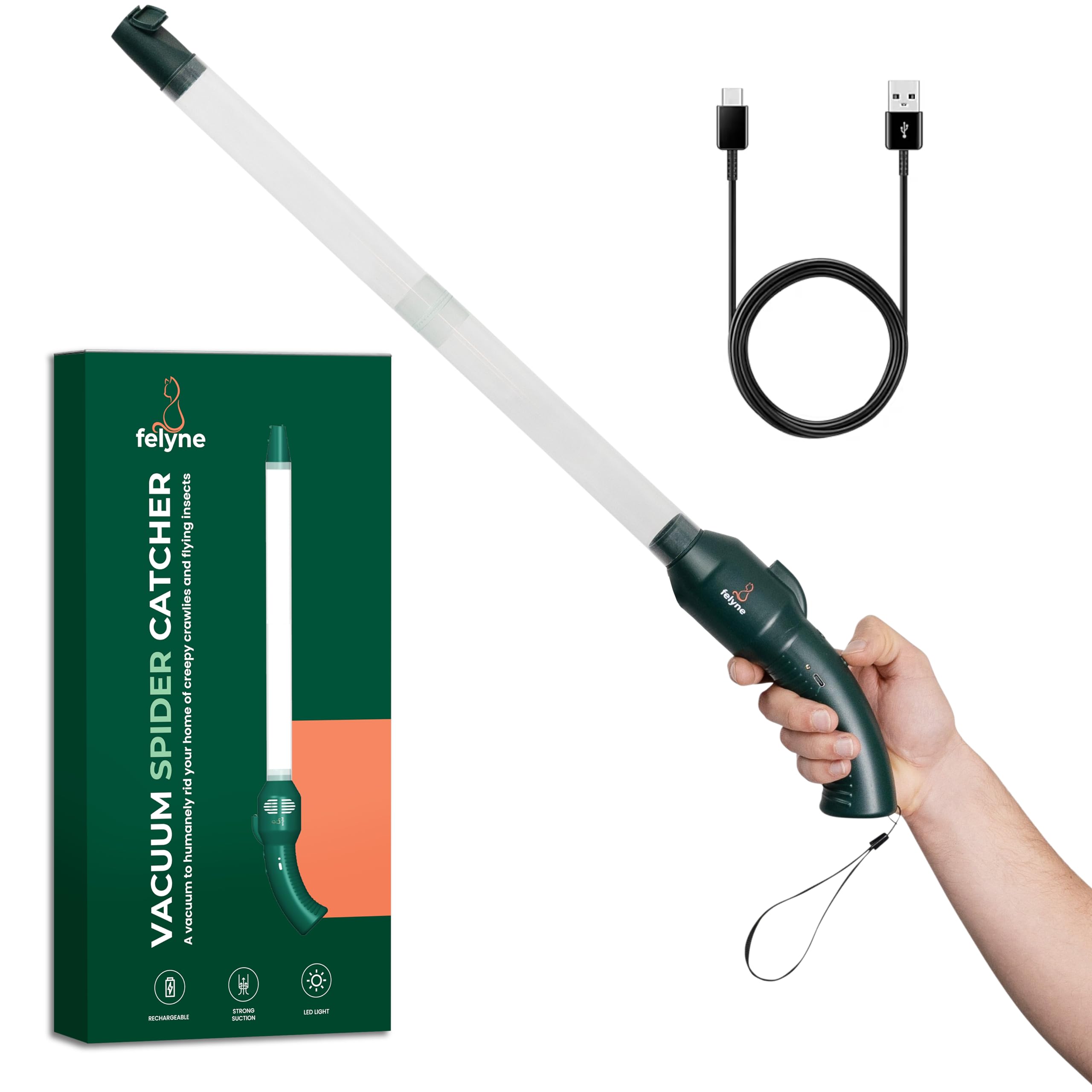 Felyne Bug Catcher Vacuum front view with long nozzle