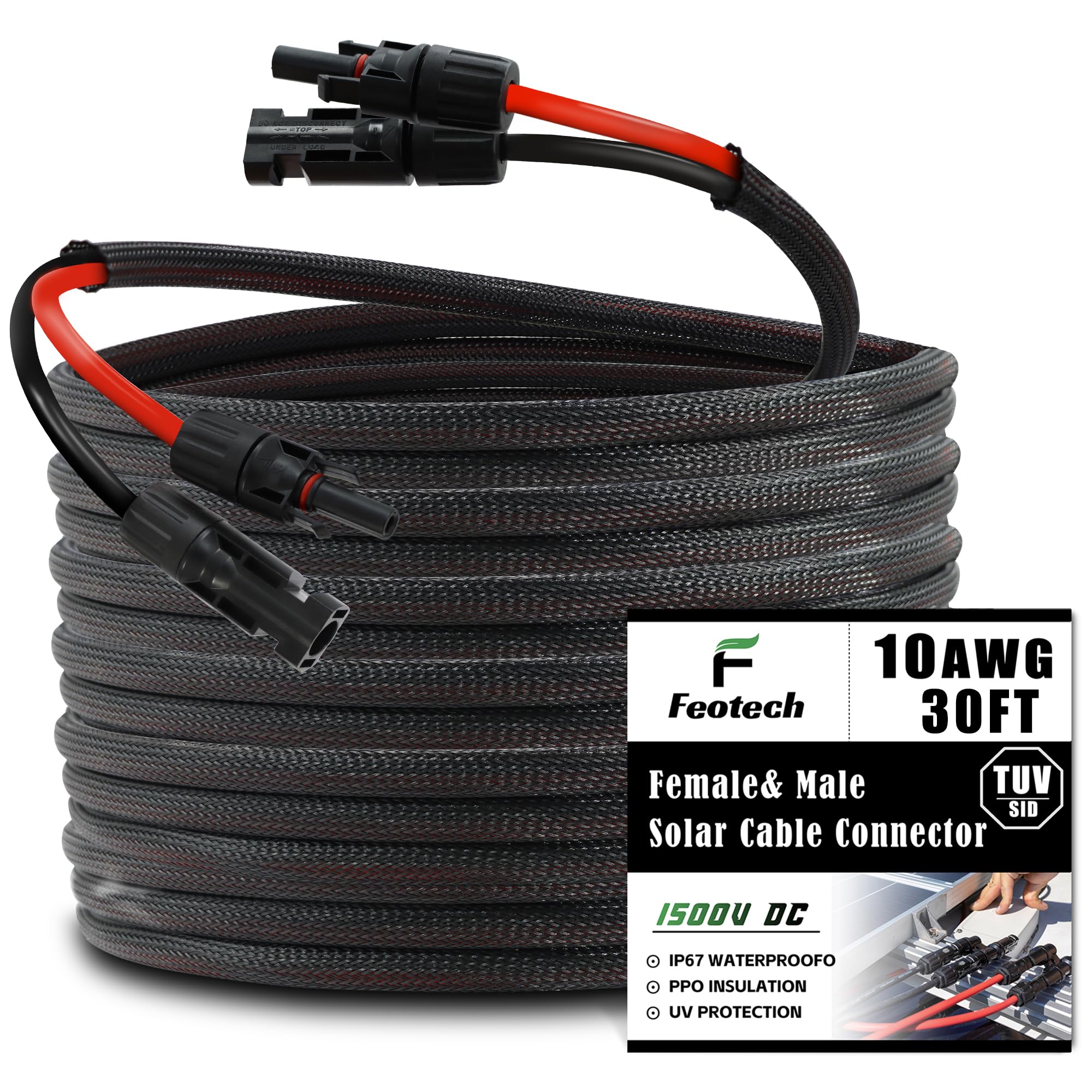 Feotech 30FT Solar Extension Cable with black braided sleeve