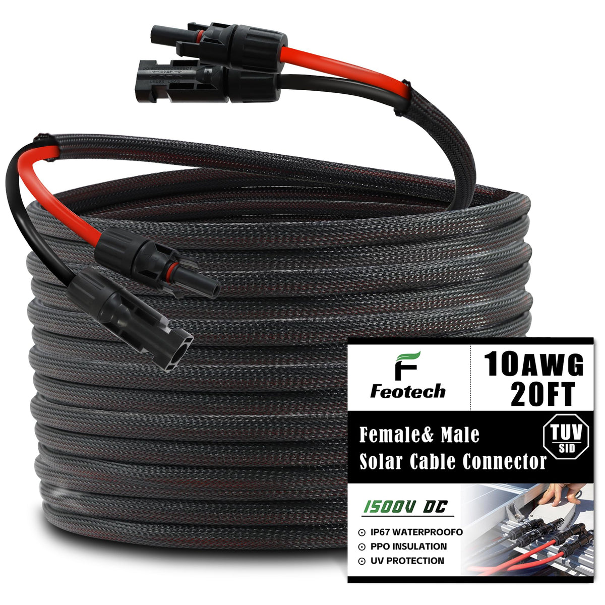 Feotech Twin Wire 20FT Solar Extension Cable front view with connectors