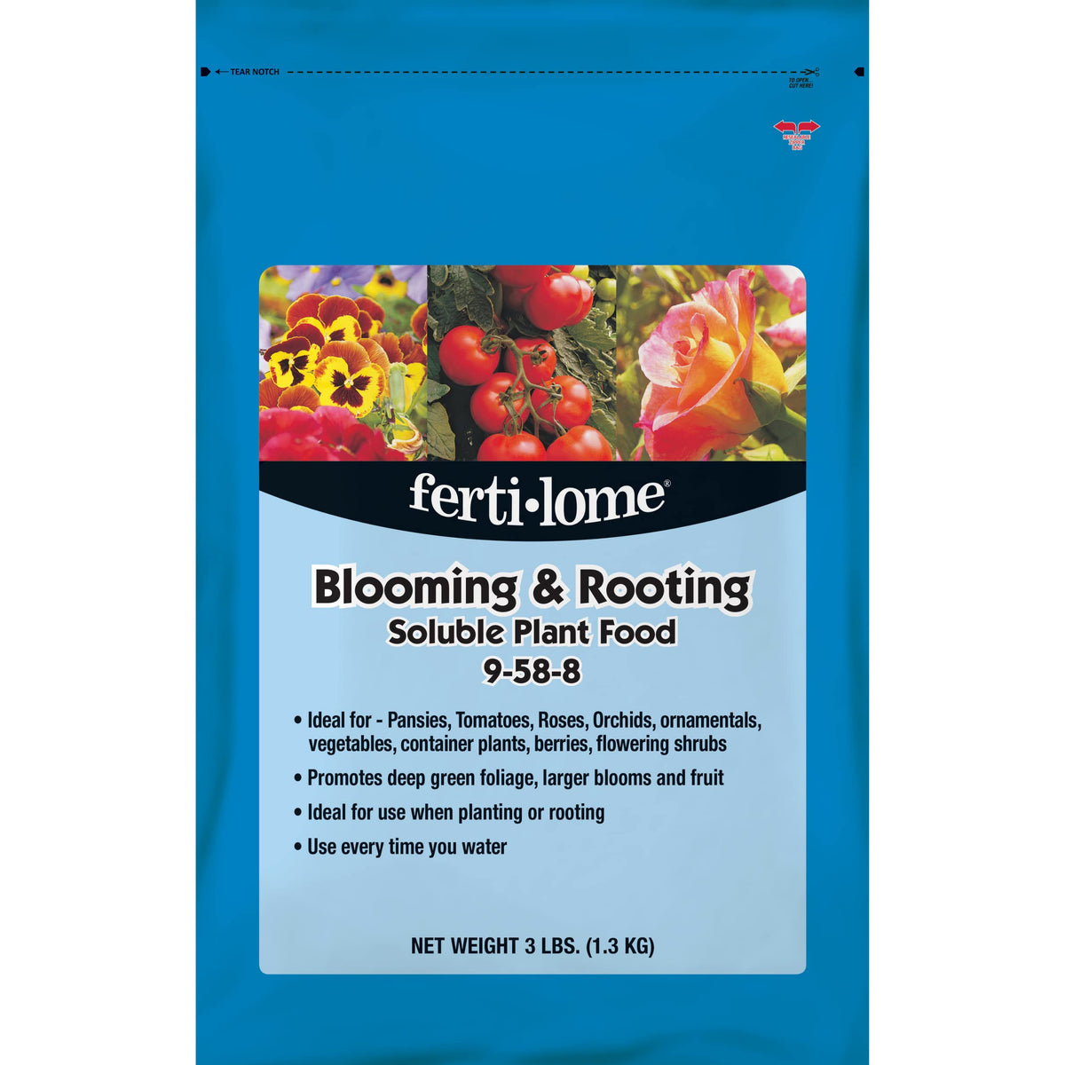 ferti-lome Blooming & Rooting Plant Food 9-58-8 front view in a blue bag