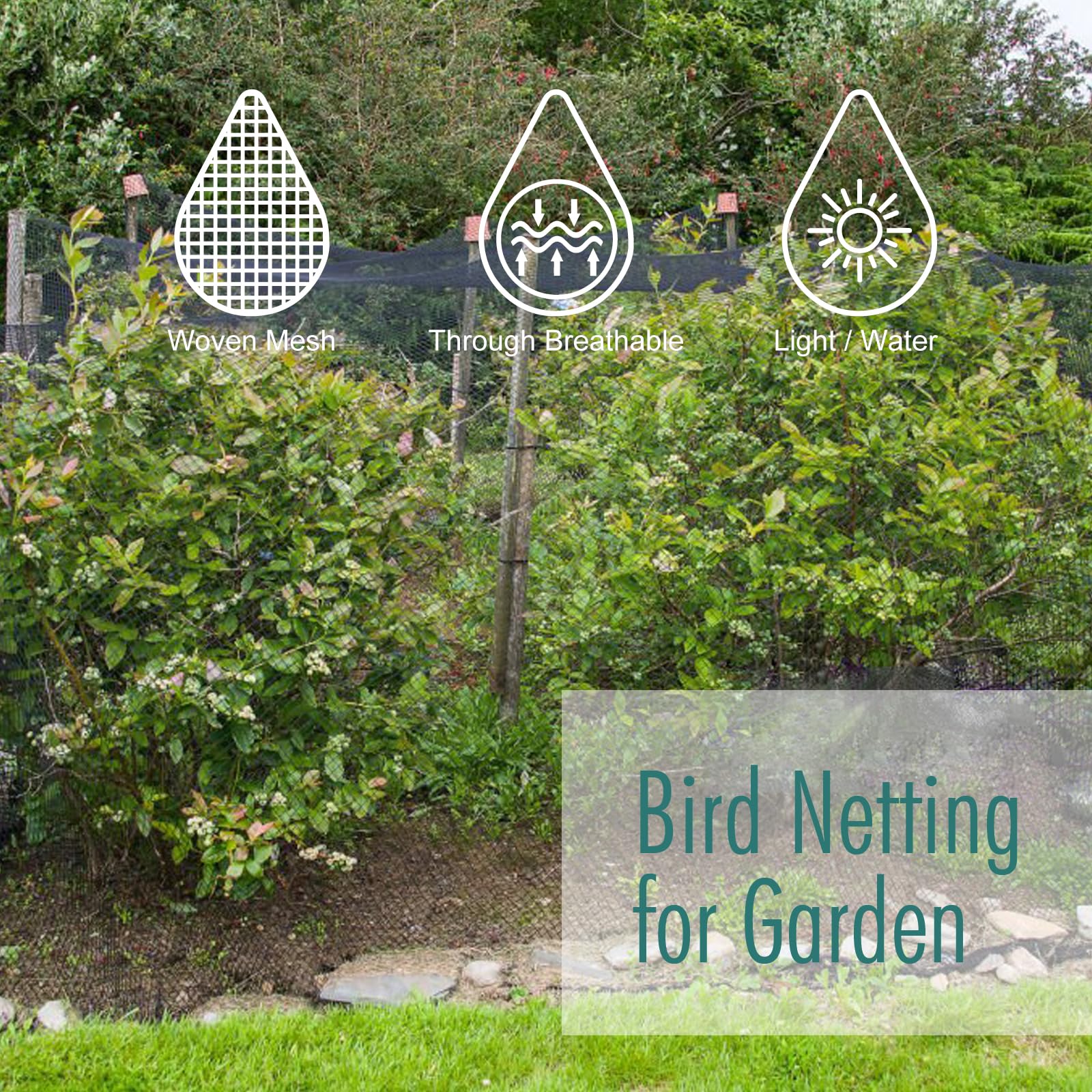 Fetanten Bird Netting showing included steel landscape staples