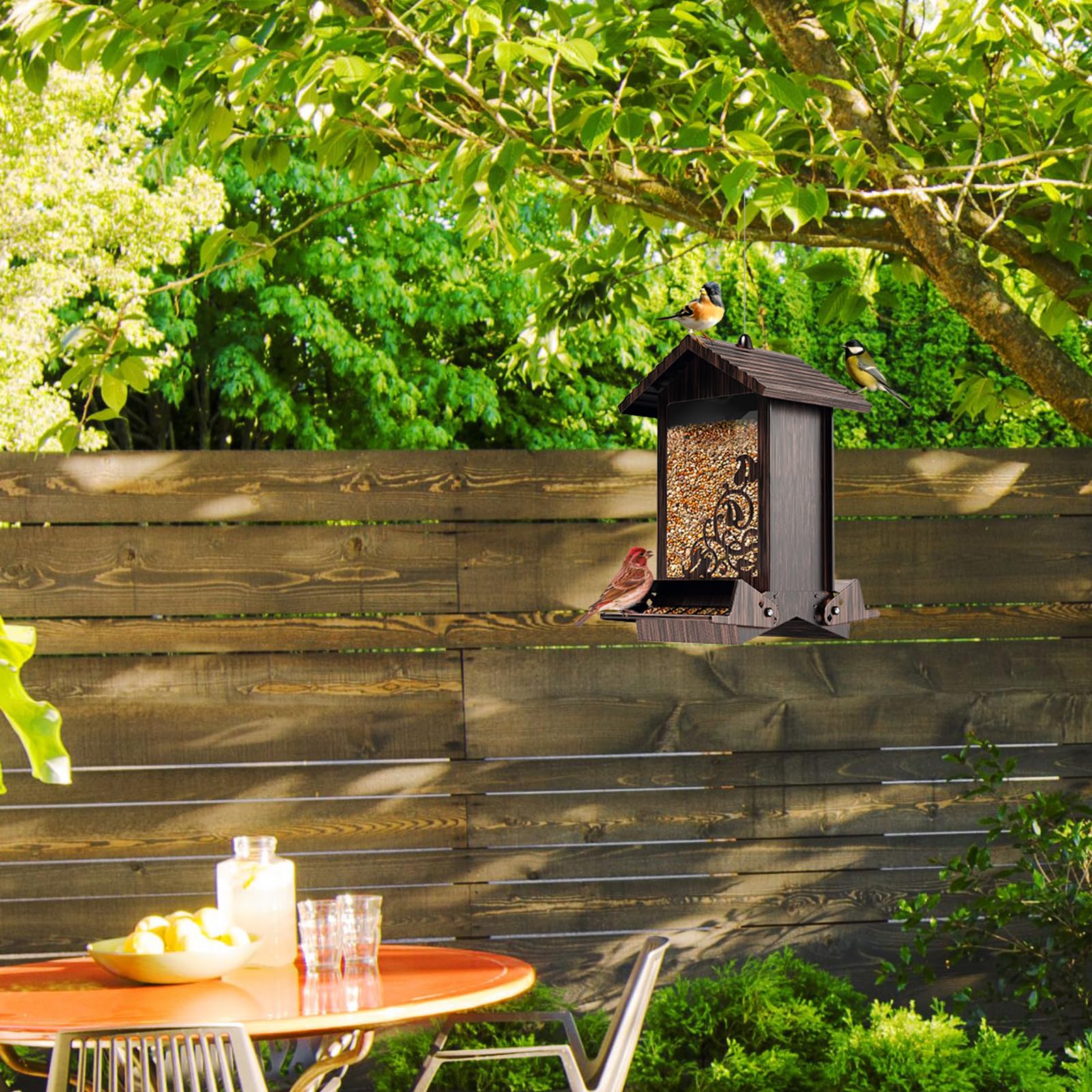 FETUSI Squirrel Proof Bird Feeder, filled with bird seeds ready for use