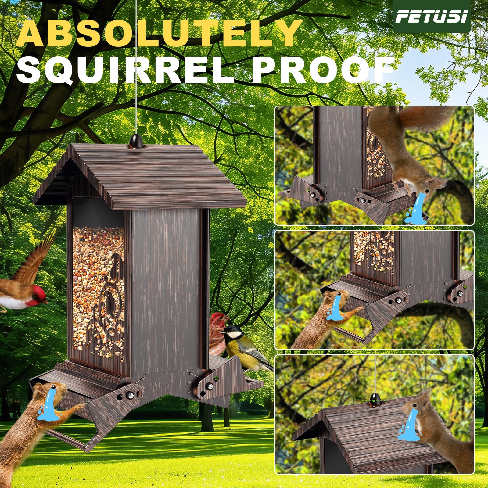 FETUSI Squirrel Proof Bird Feeder, showing weight-activated perch mechanism