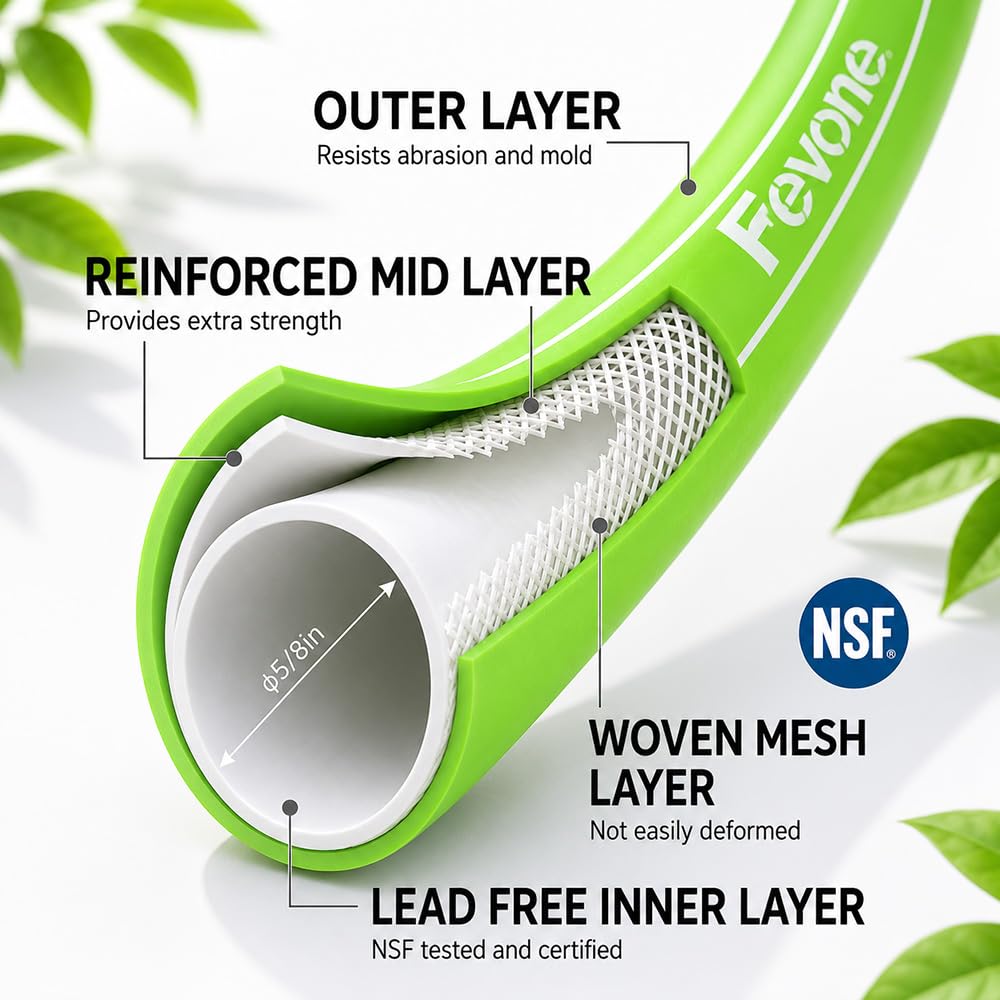 FEVONE 25 ft Hybrid Polymer Garden Hose with packaging