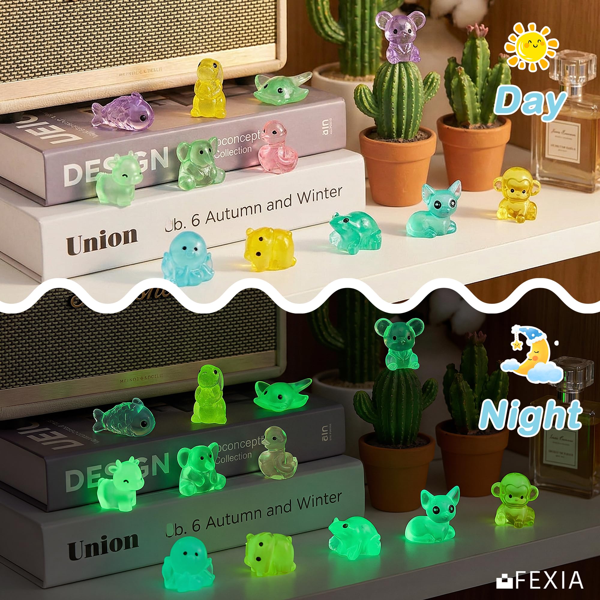 FEXIA Mini Resin Animal figurines in packaging, showcasing different animals