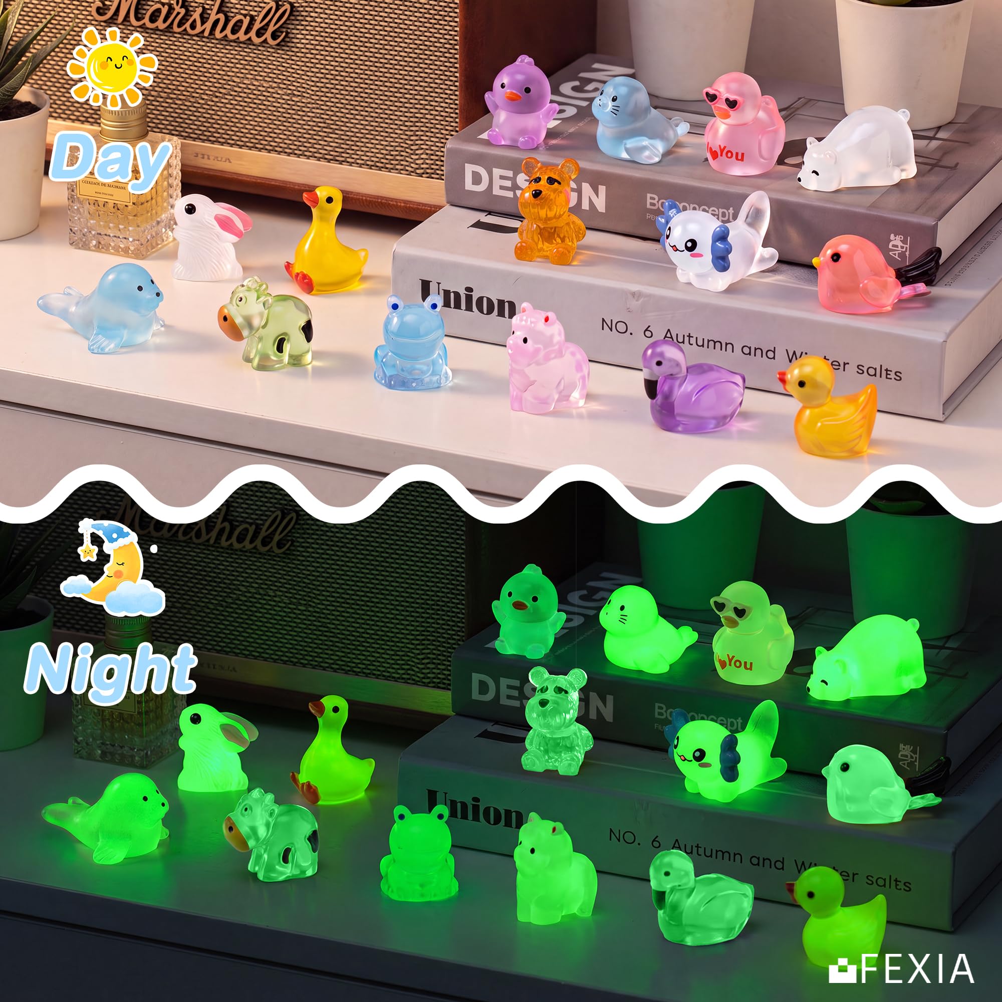 FEXIA Mini Resin Animals displayed in a fairy garden setting