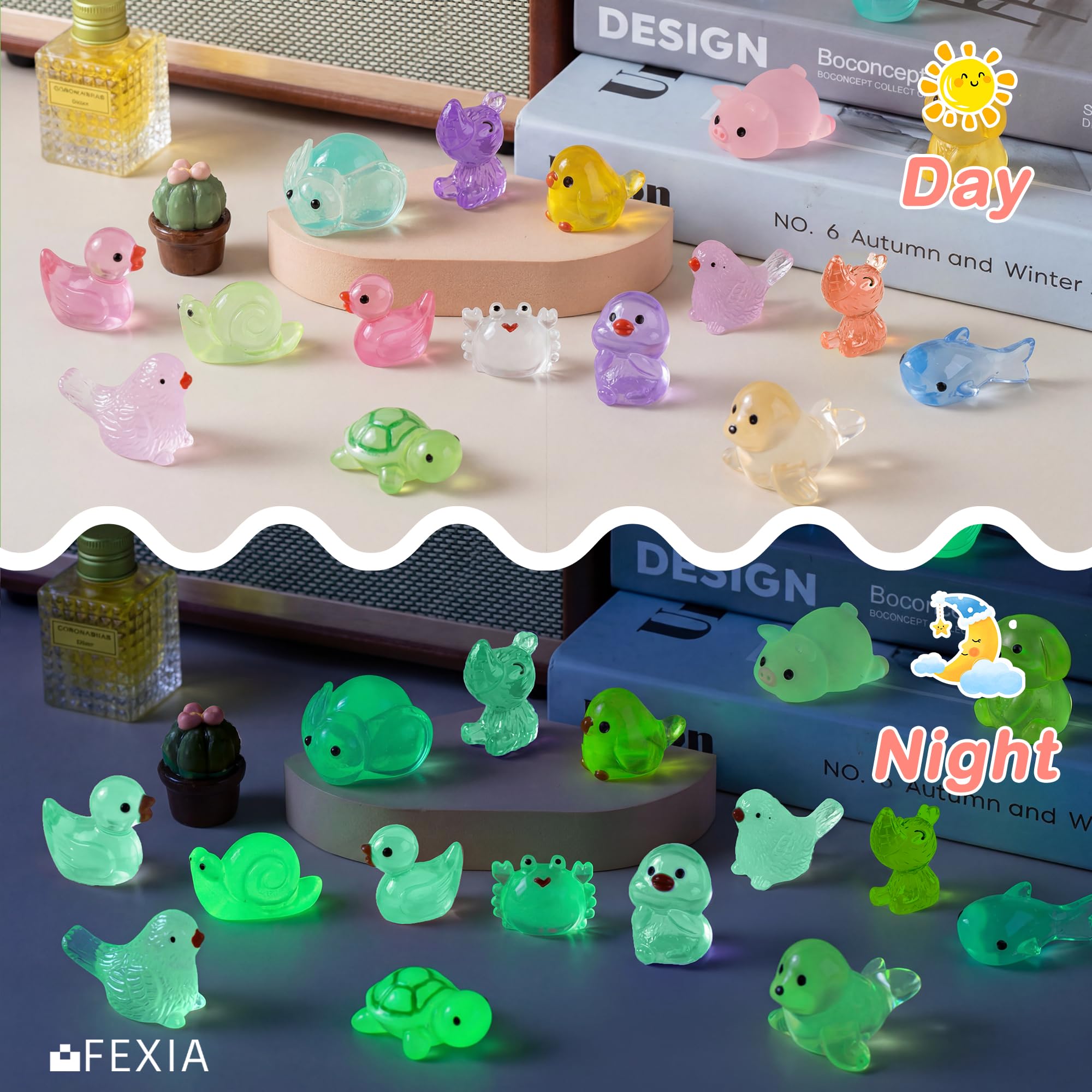 FEXIA mini resin animals set on a decorative shelf