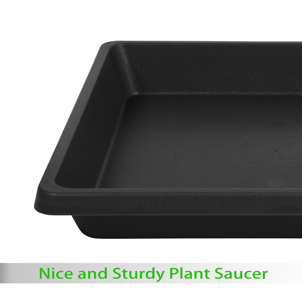 Feyvdzv 14-inch black square plant saucer in use with potted plant