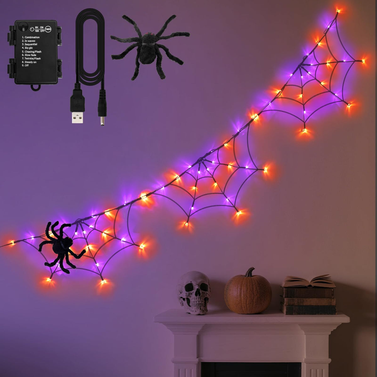 FFZZKJ Halloween Spider Web Lights 6FT with black spider