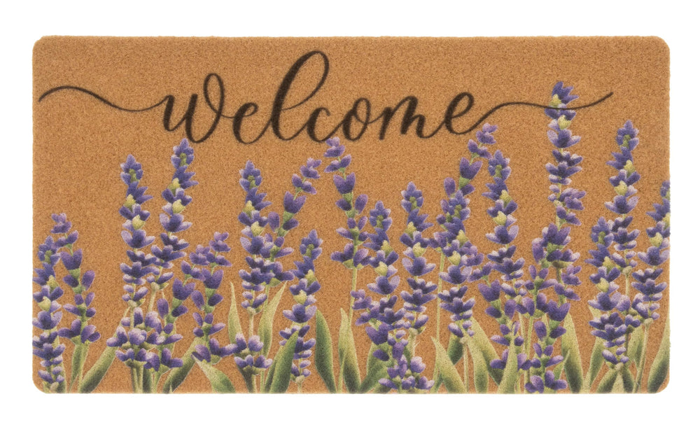 FGSS Lavender Welcome Doormat front view on a porch