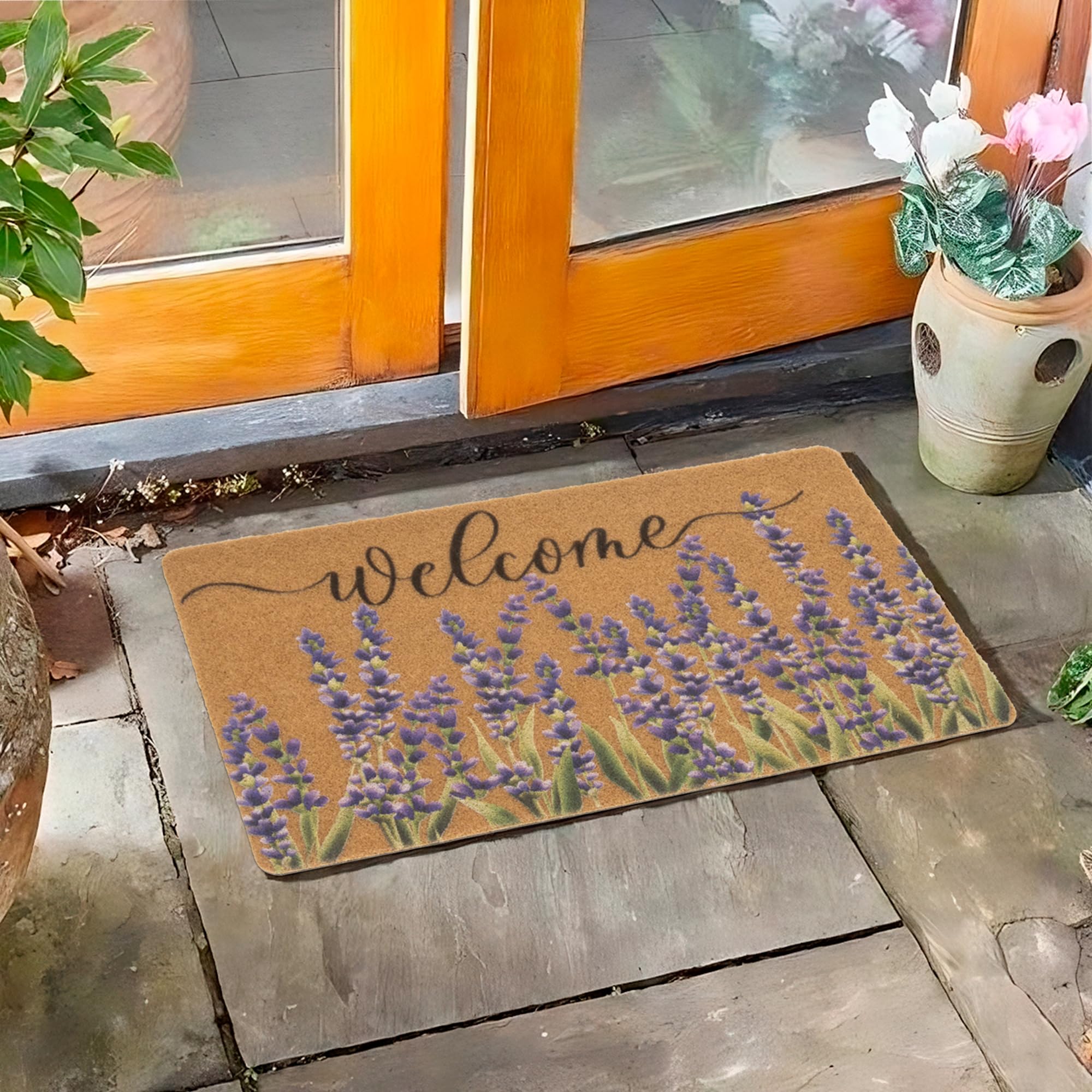 FGSS Lavender Welcome Doormat in an outdoor setting