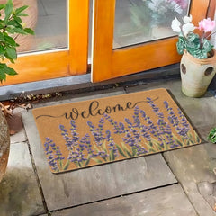 FGSS Lavender Welcome Doormat in an outdoor setting