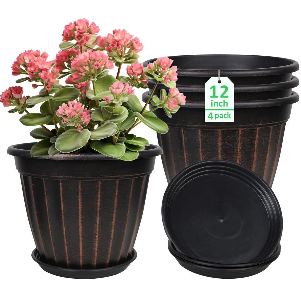 FGstyle 12 inch black planter front view with circular swirl pattern