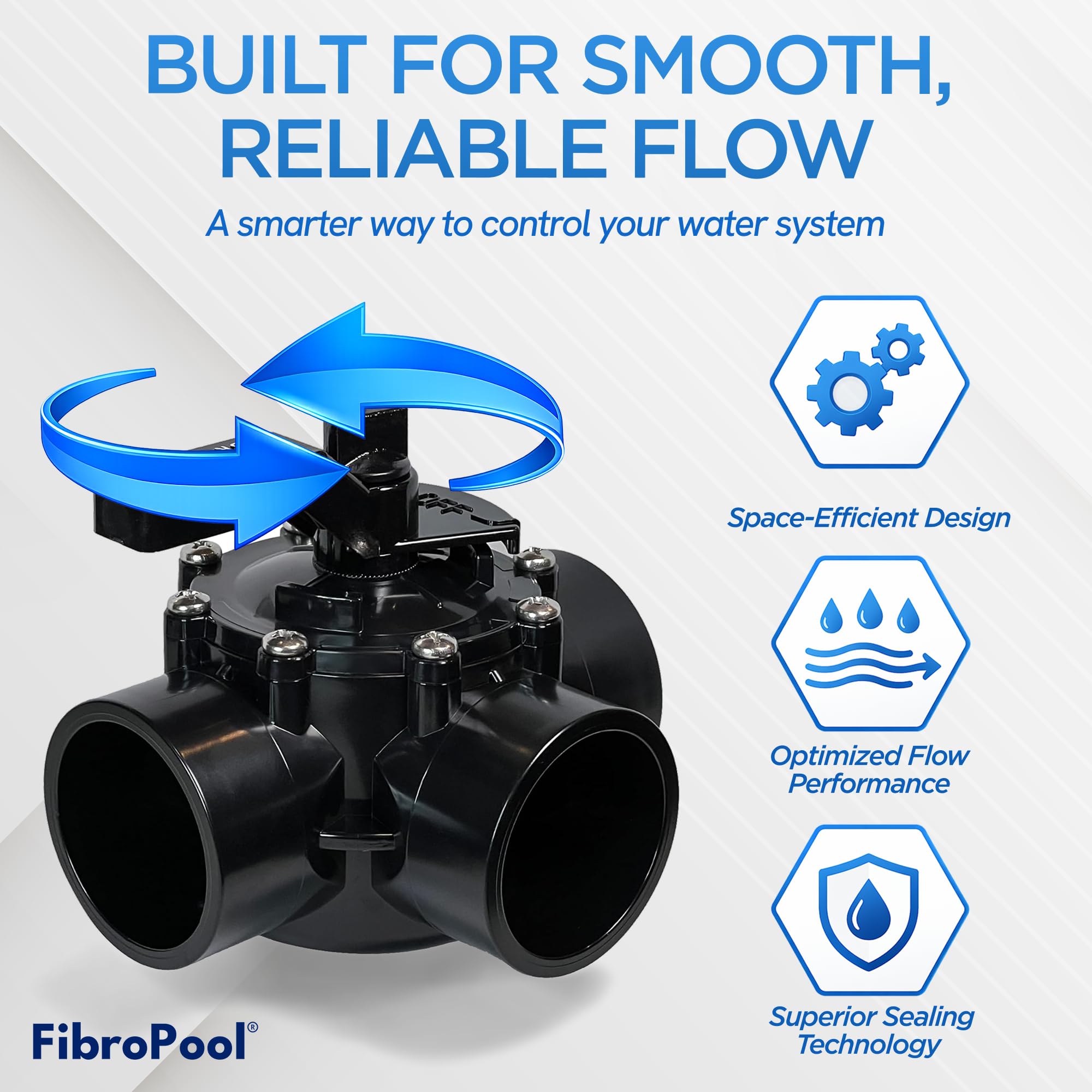 FibroPool 3-Way Valve handle close-up for adjustable flow control