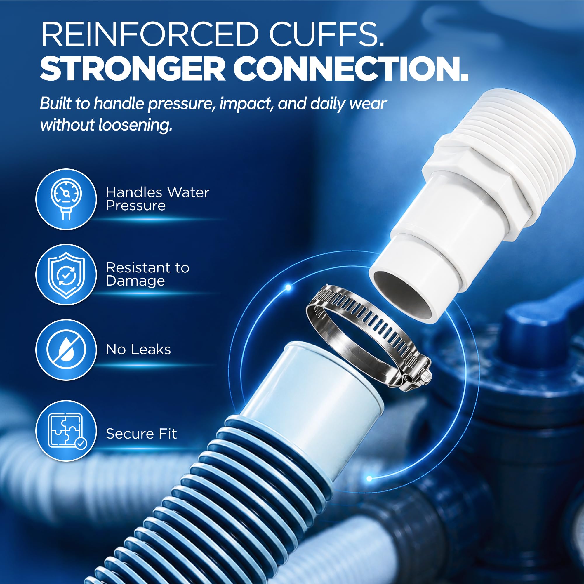 FibroPool clamps and adapters included in the filter hose kit
