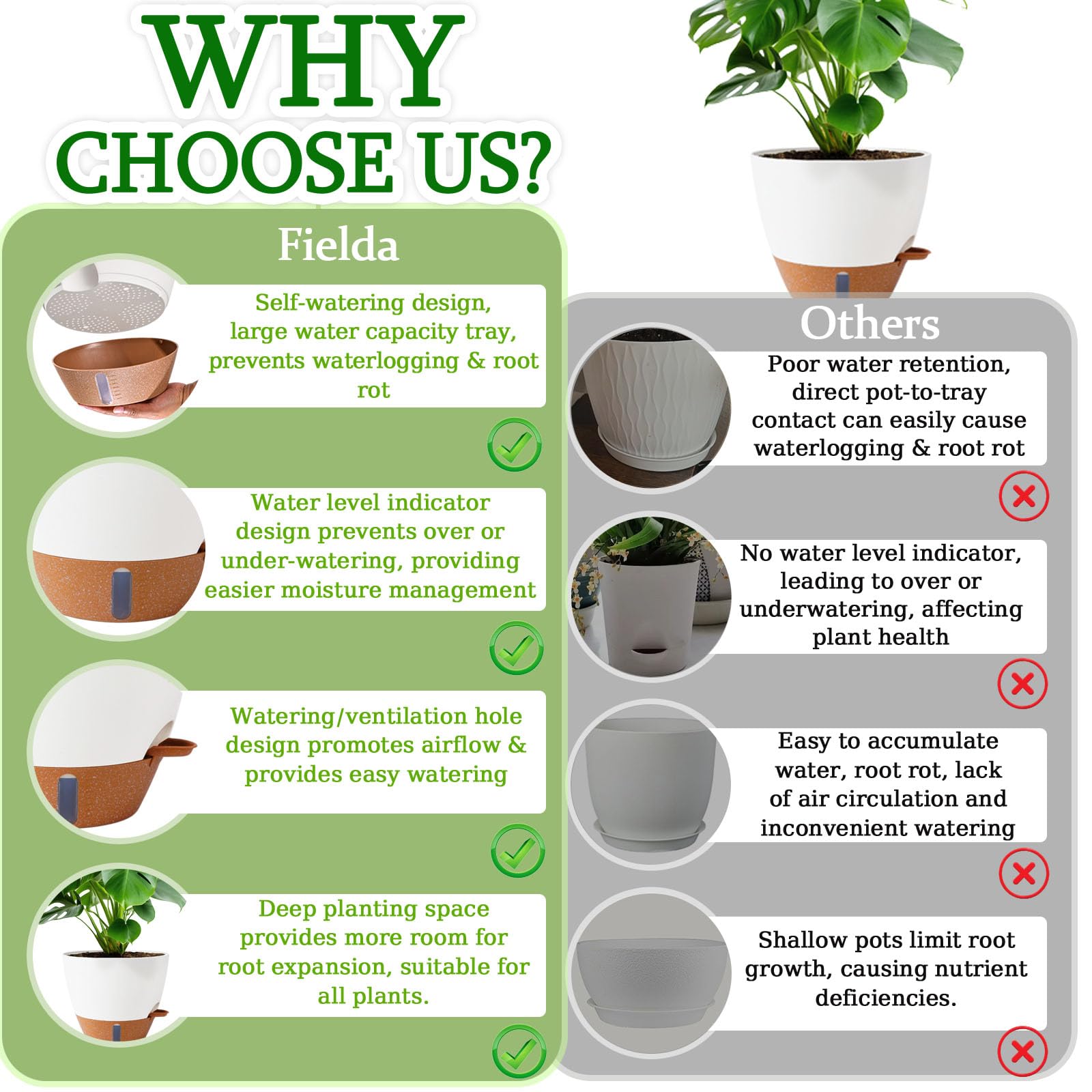 Fielda 10 inch self-watering planters displayed together