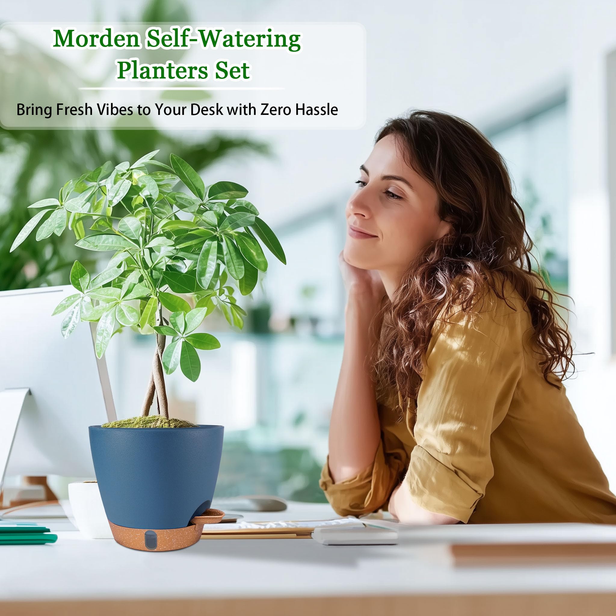 Fielda self-watering pot displayed in a living room setting