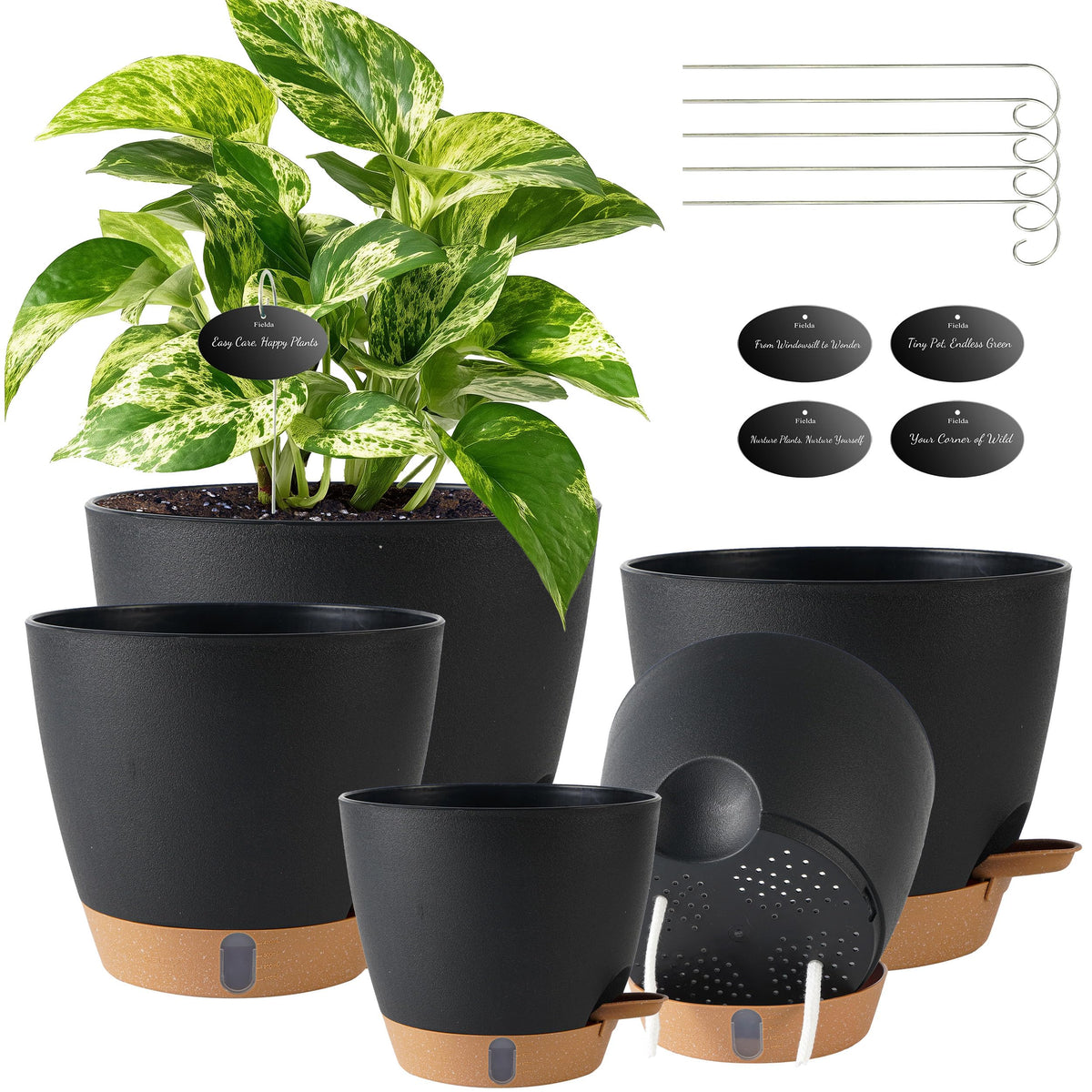 Fielda self-watering pot set in black, five sizes displayed