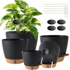 Fielda self-watering pot set in black, five sizes displayed