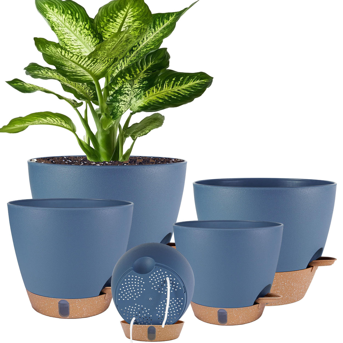 Fielda self-watering pot set in navy blue, 5-pack with various sizes