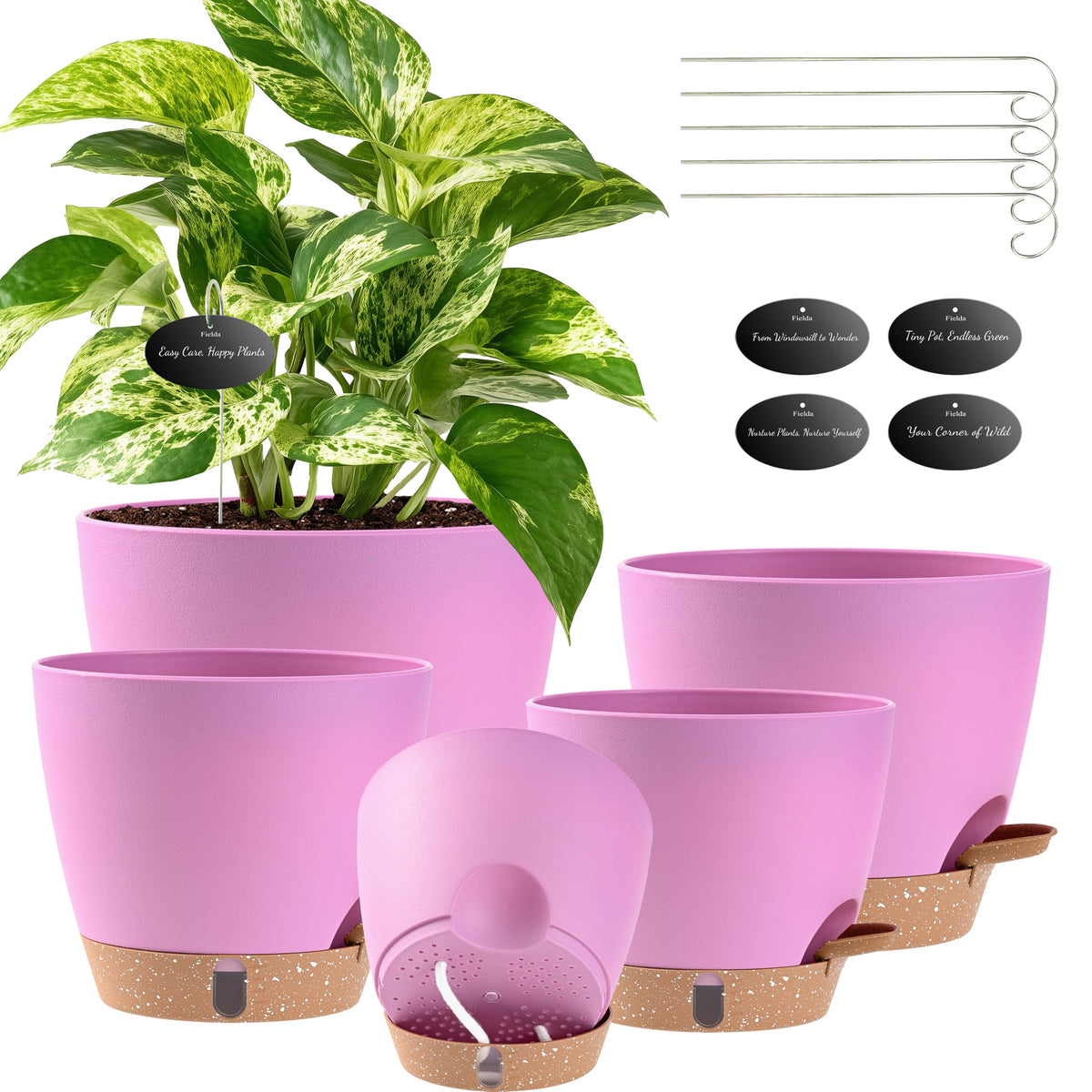 Fielda self watering pots set featuring 5 sizes in dusty lavender