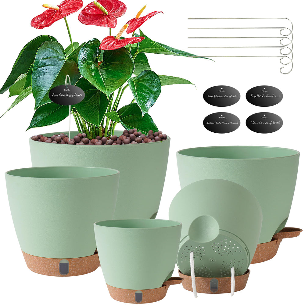 Fielda self watering pots set with five sizes in green color