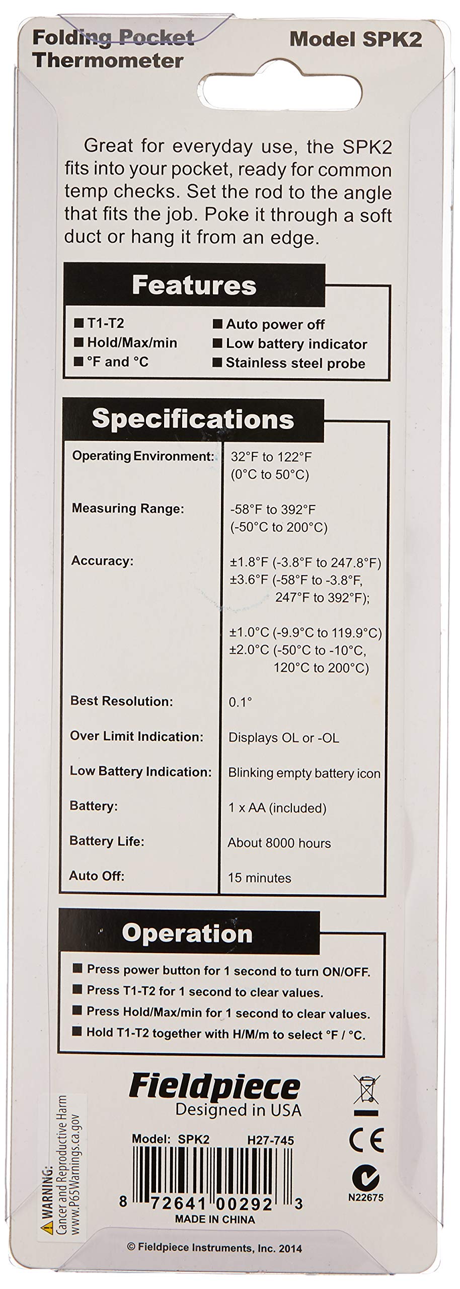 Fieldpiece SPK2 Folding Pocket In-Duct Thermometer back view