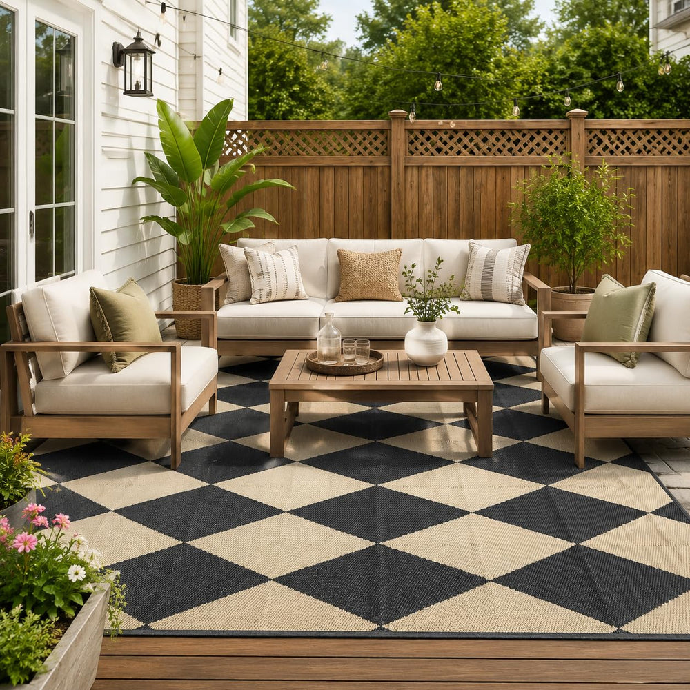 fifame 9x12 outdoor rug in khaki and black pattern front view