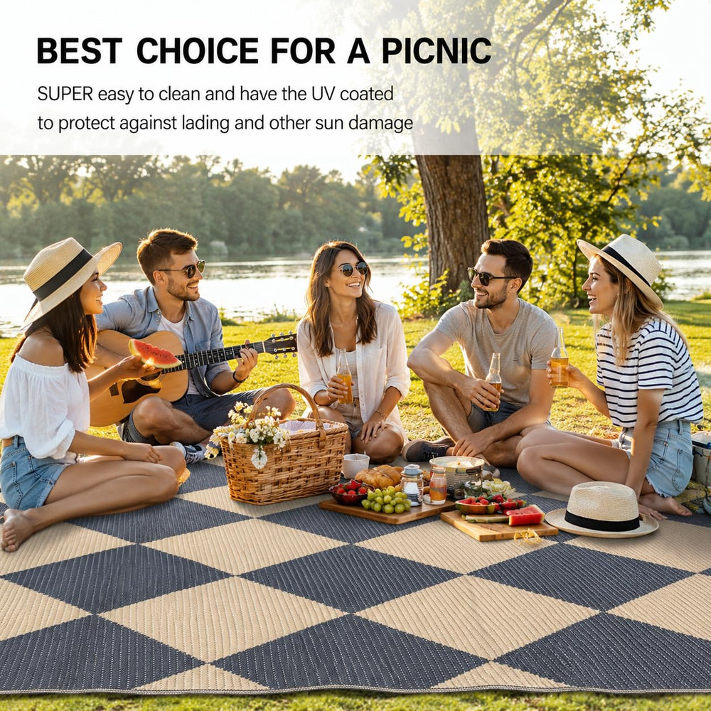 fifame outdoor rug at a camping site with chairs