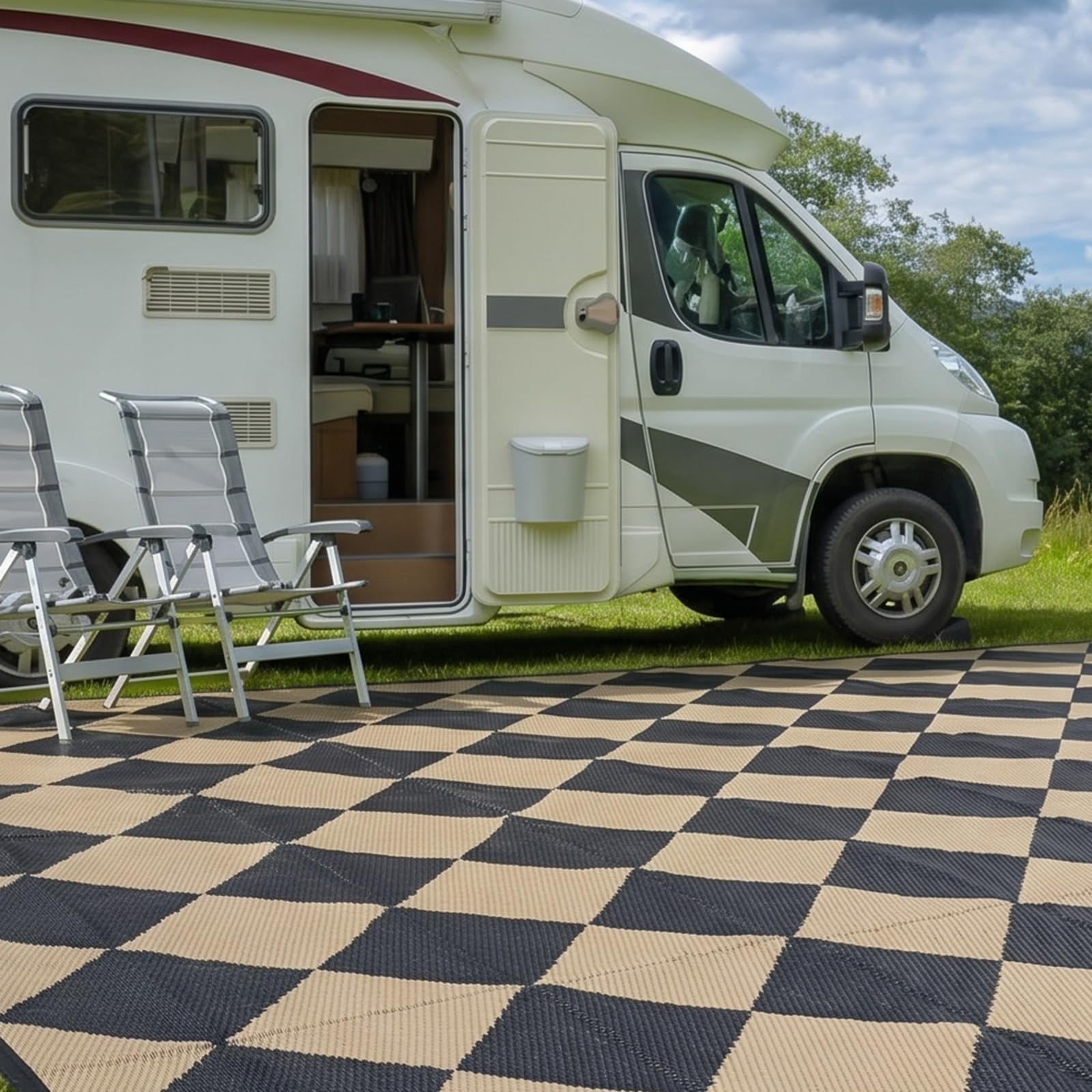 fifame outdoor rug displayed at a beach with family