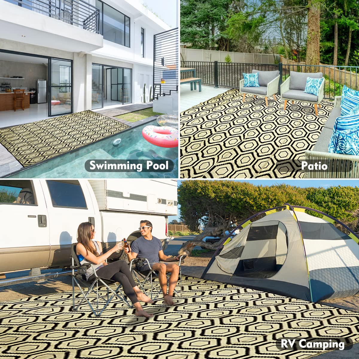 fifame outdoor rug laid out on patio setting