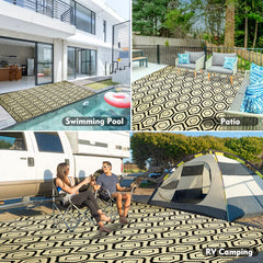 fifame outdoor rug laid out on patio setting