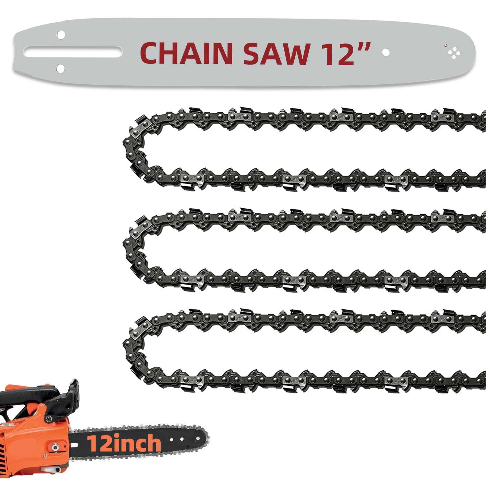 Fifchall 12 inch chainsaw bar and three chains front view