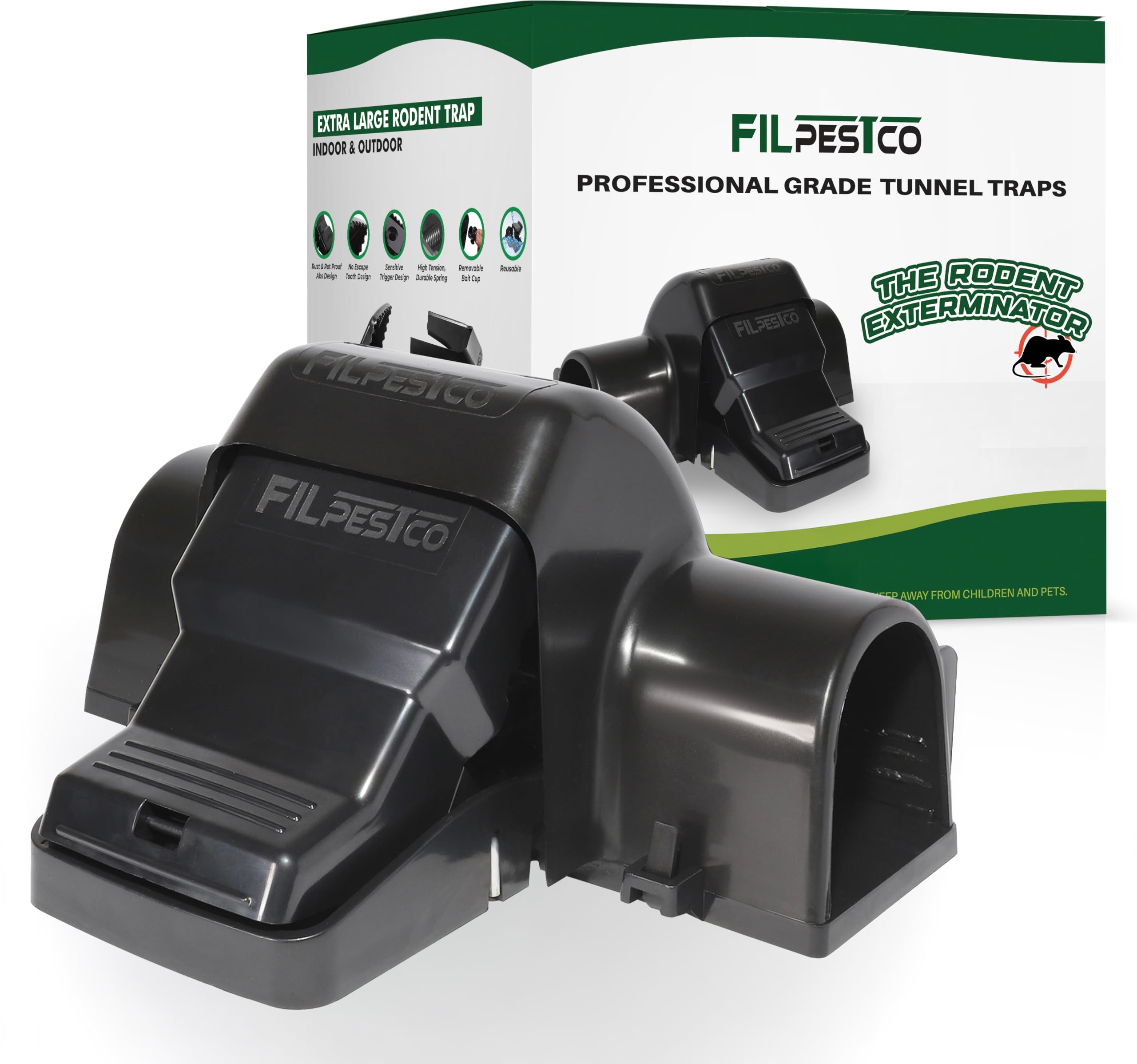 Filpestco Large Rat Trap front view, black, with sensitive trigger