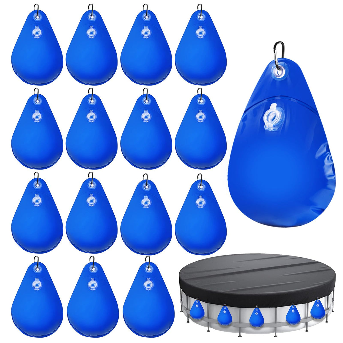 Filpowis Pool Cover Weights 16Pcs blue bags front view