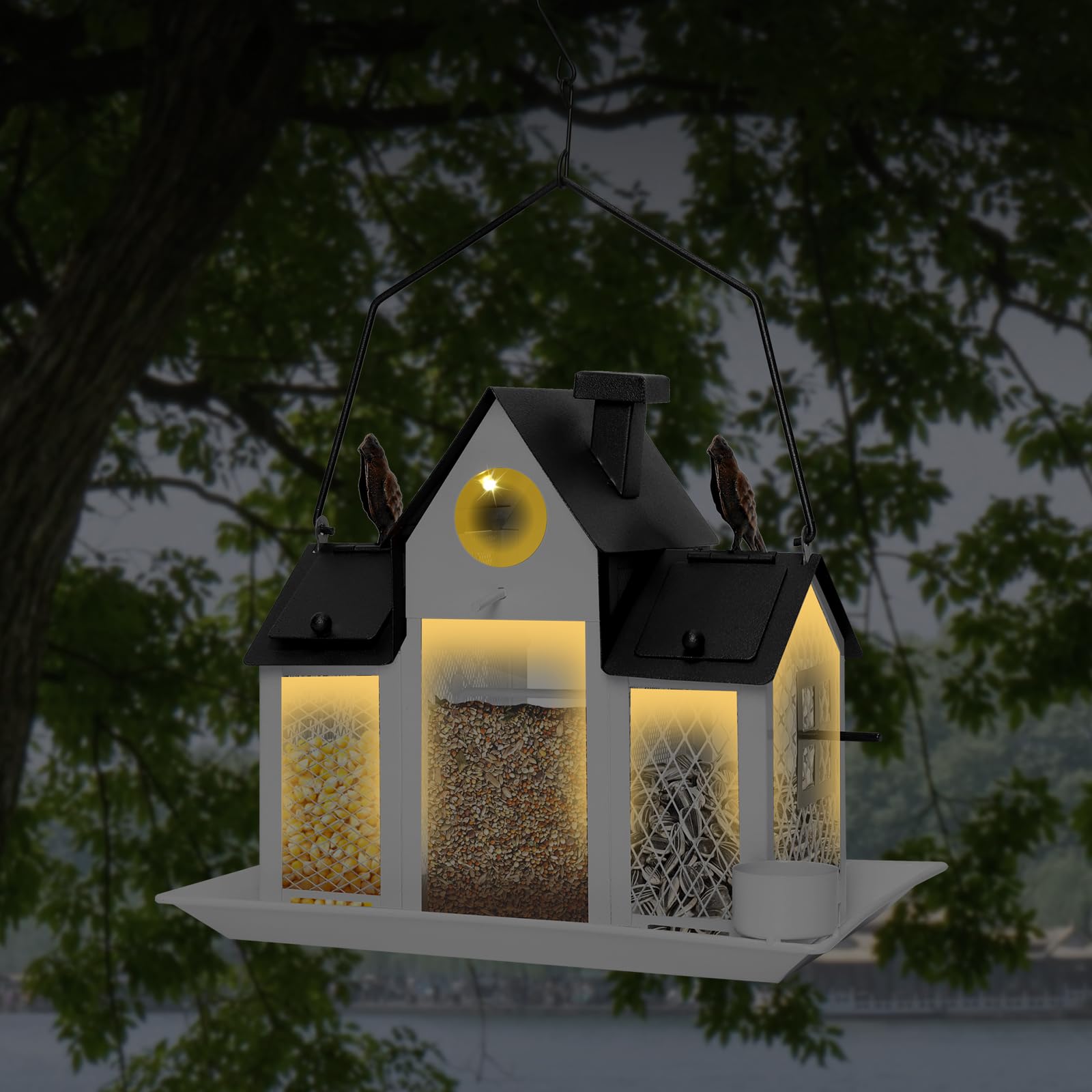 FIMOFIDRE Solar Bird Feeders House night view lit up