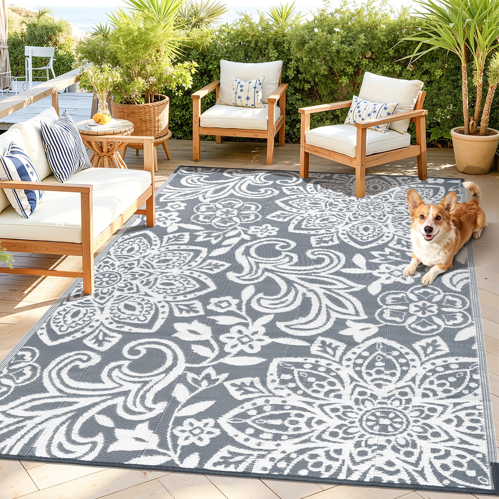Findosom 5' x 8' waterproof outdoor rug in grey, front view