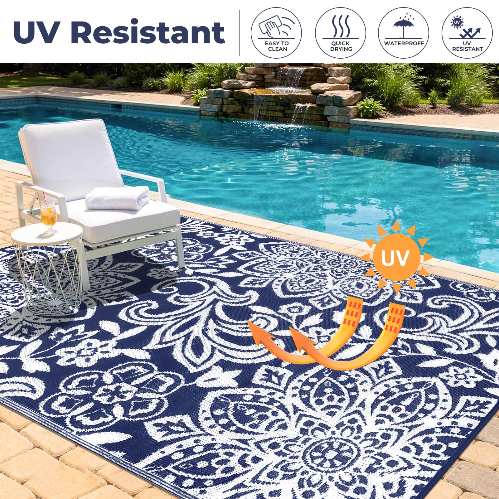 Findosom Outdoor Rug on a patio setting