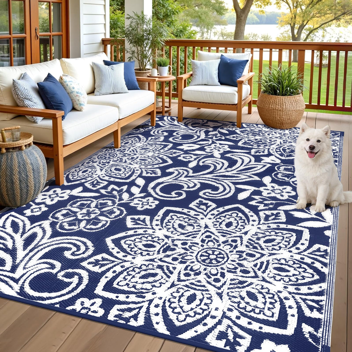 Findosom Waterproof Outdoor Rug 6' x 9' navy reversible mandala front view