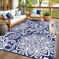 Findosom Waterproof Outdoor Rug 6' x 9' navy reversible mandala front view