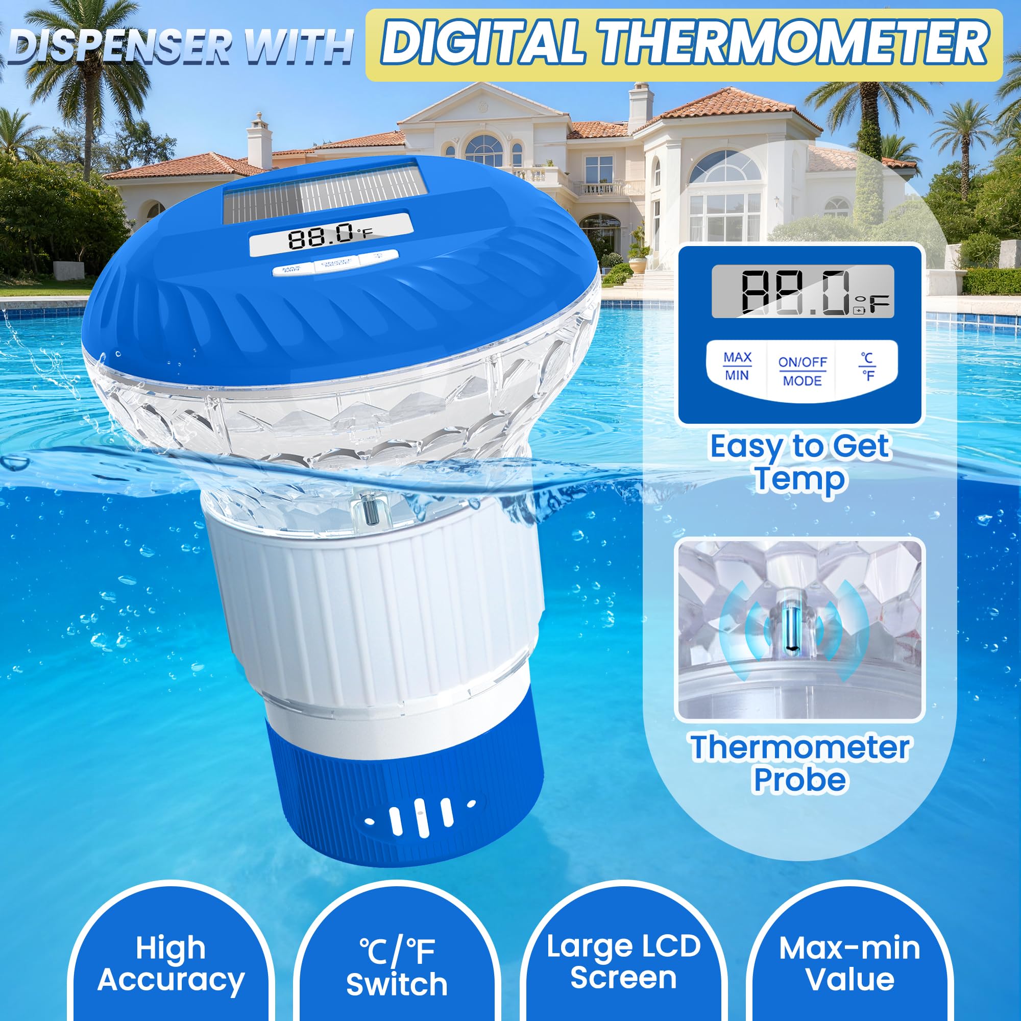 FineBud Chlorine Floater in pool with solar lights on