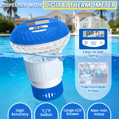FineBud Chlorine Floater in pool with solar lights on